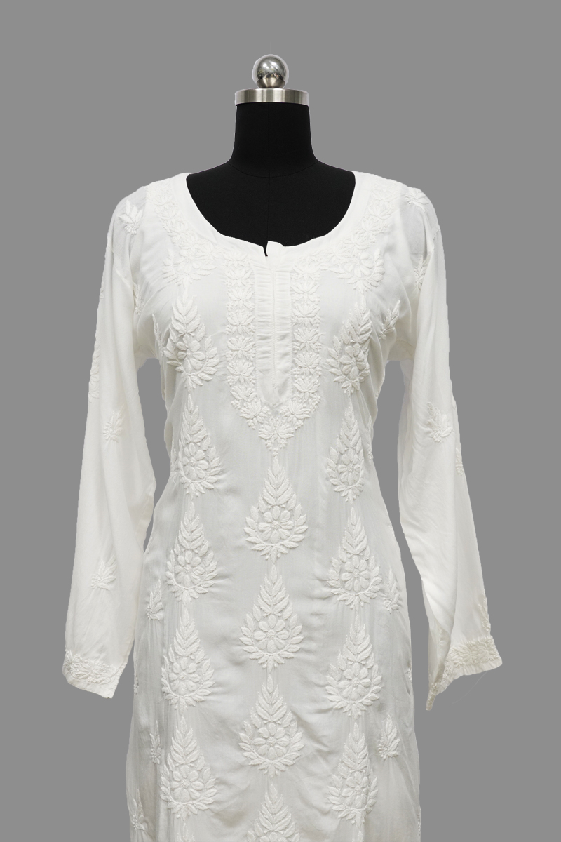 Women's Embroidered Cotton Cotton Chikankari Kurti With Pants And Stal